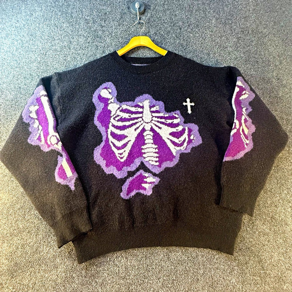 ROMWE Womens Sweater L Black Purple White Skeleton Graphic Knit Crewneck